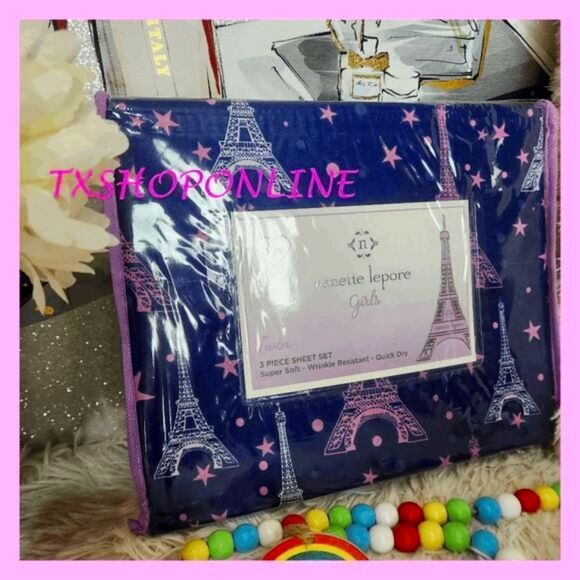 Nanette Lepore Girls Paris Eiffel Tower Twin Bed 3 Piece Sheet Set NEW - Picture 1 of 3